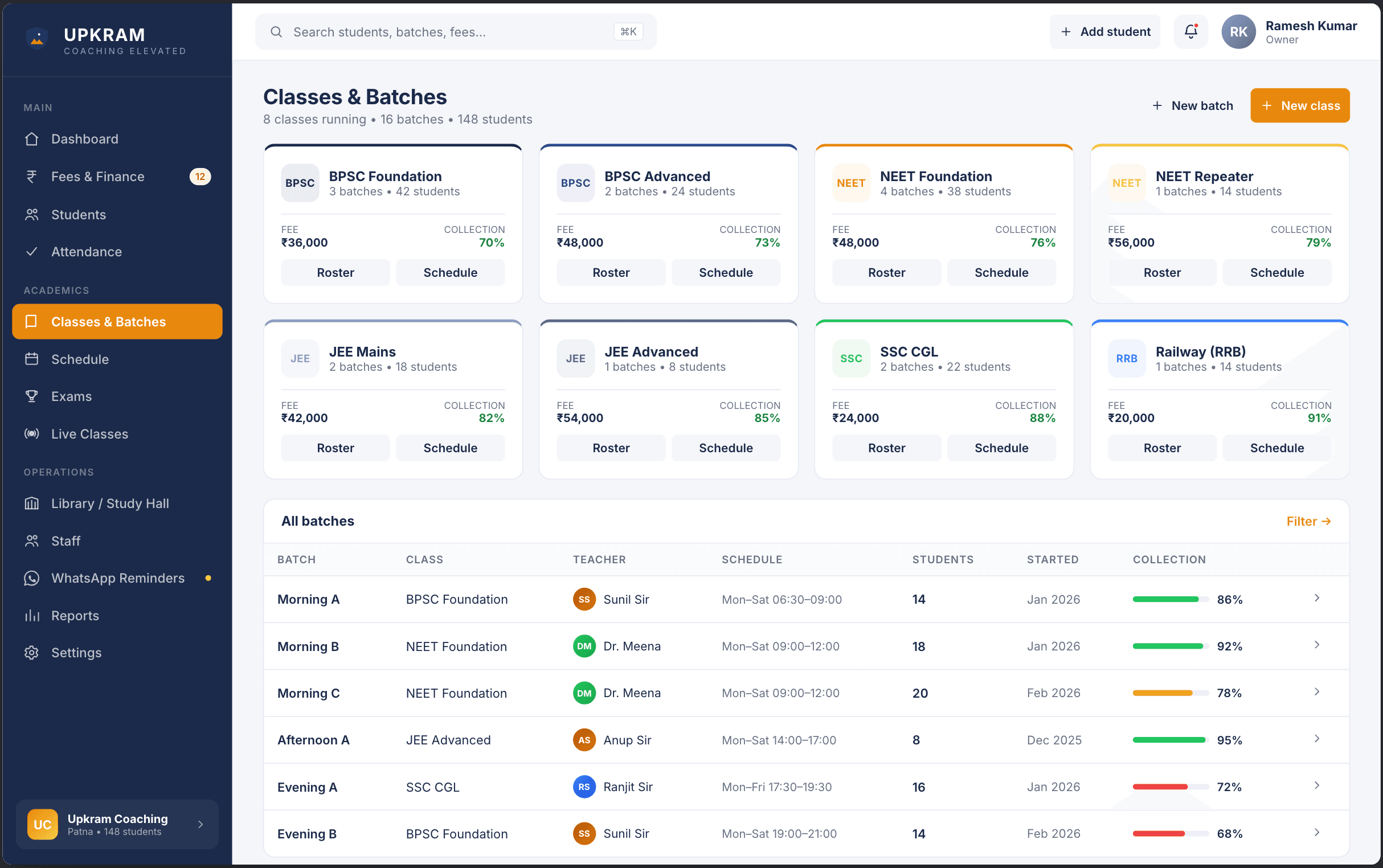 Upkram Live Classes feature