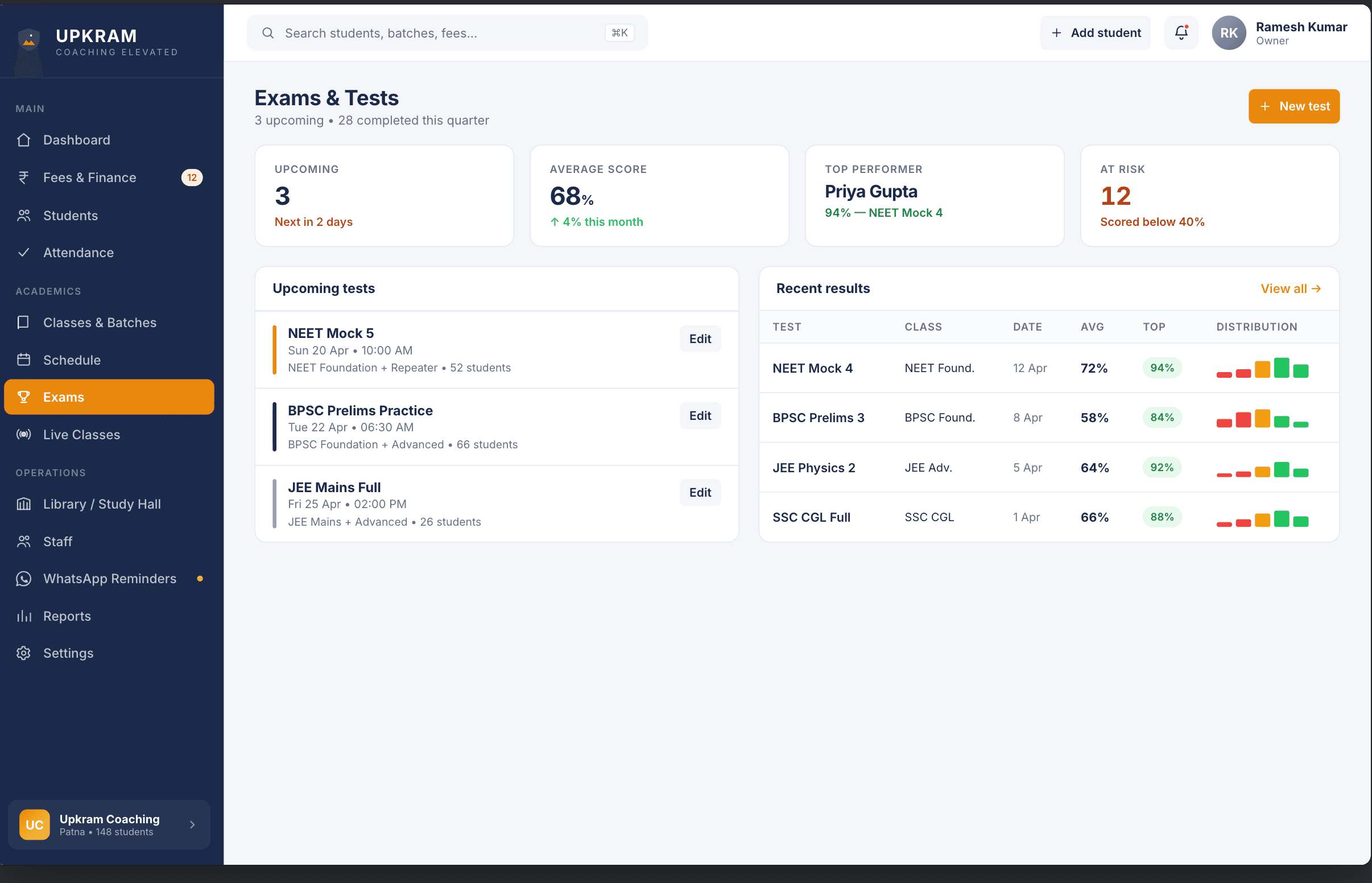 Upkram NEET exam and batch management