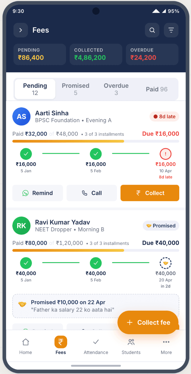 Upkram mobile fees page — pending payments and WhatsApp reminder button