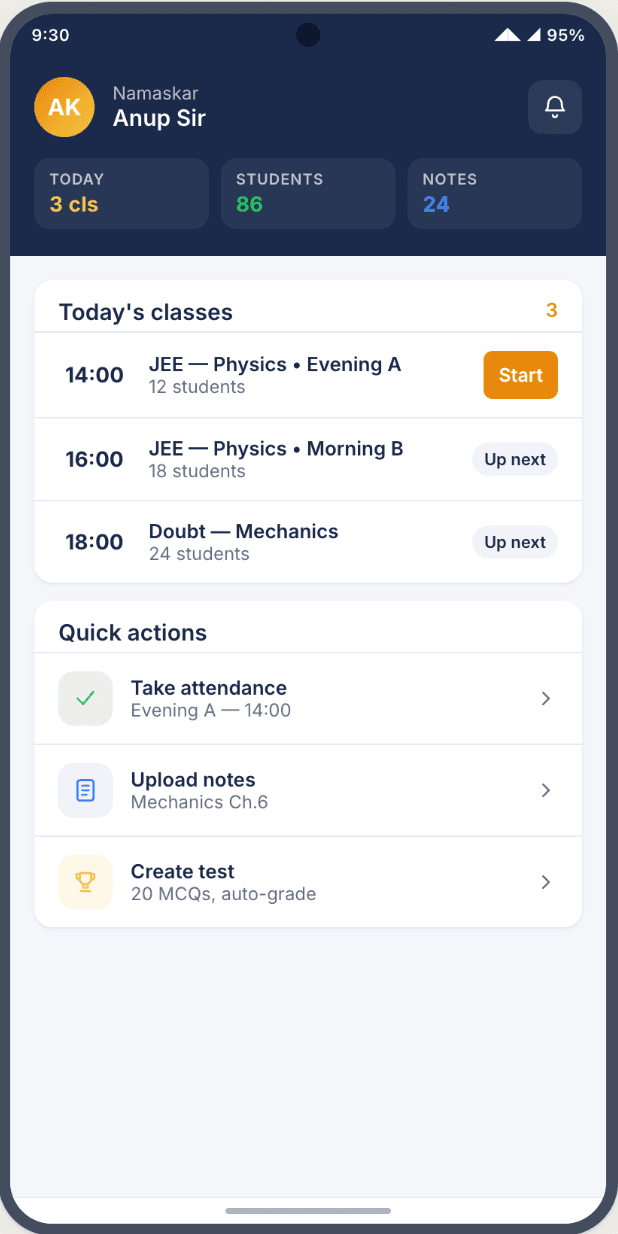Upkram teacher mobile app showing today's classes and attendance shortcuts